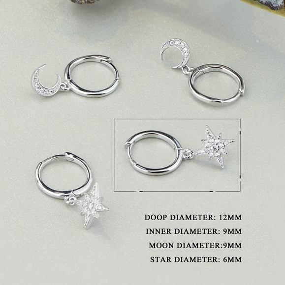  2 Pairs 925 Sterling Silver Moon Star Dangle Hoop Earring - Picture 6 of 6